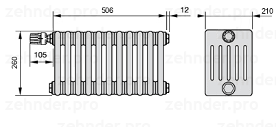Схема (чертеж) Радиатор Zehnder Charleston 6026/11 №V011 Белый глянцевый RAL 9016